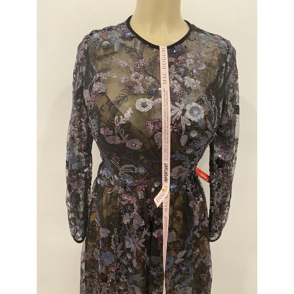 MacDuggal Illusion Floral Long Sleeve Fit Flare Dress Black Beaded Sequin NWT 4 - Picture 7 of 16
